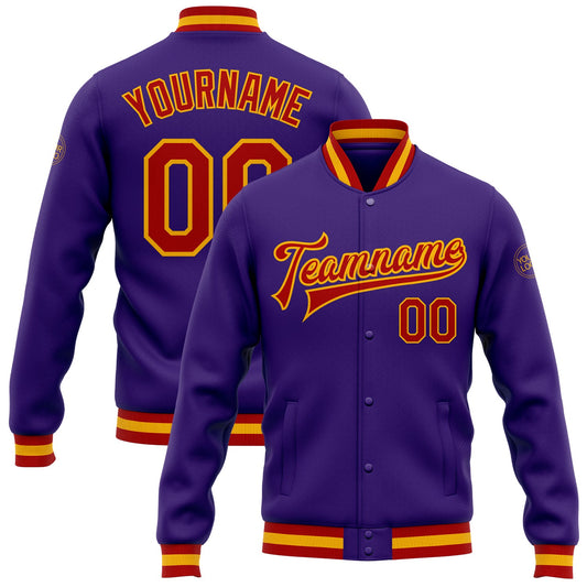 Custom Purple Red-Gold Bomber Full-Snap Varsity Letterman Jacket - Main View