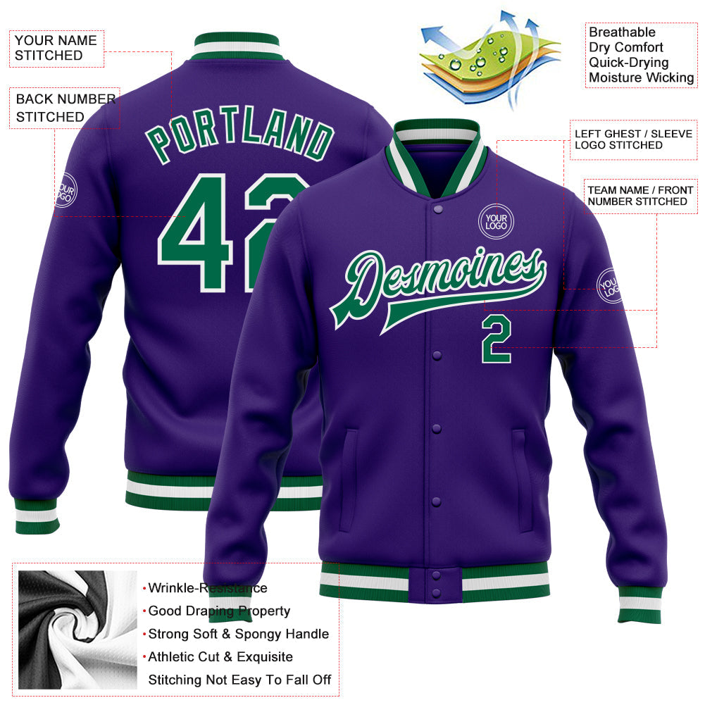 Custom Purple Kelly Green-White Bomber Full-Snap Varsity Letterman Jacket view 5
