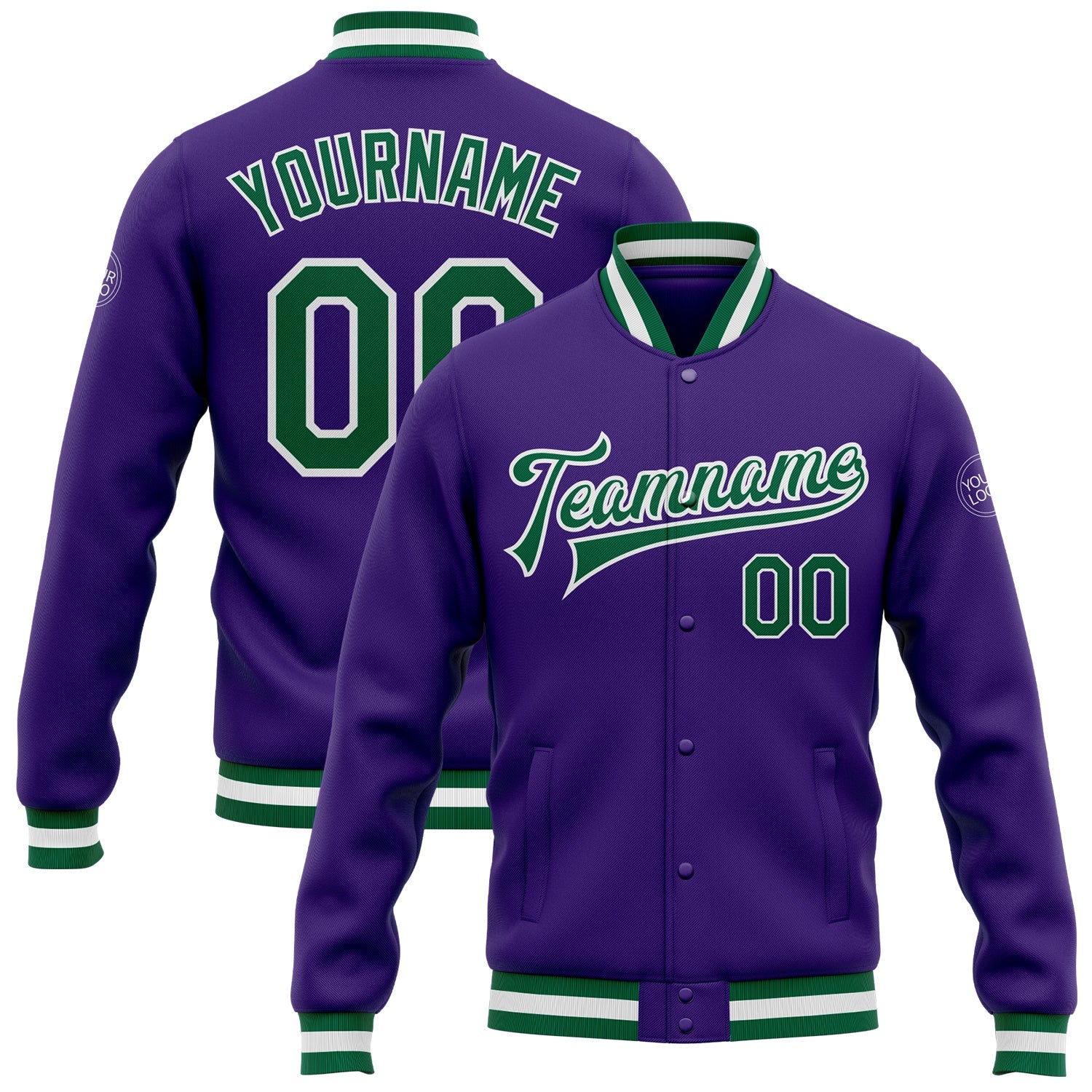 Custom Purple Kelly Green-White Bomber Full-Snap Varsity Letterman Jacket - Main View