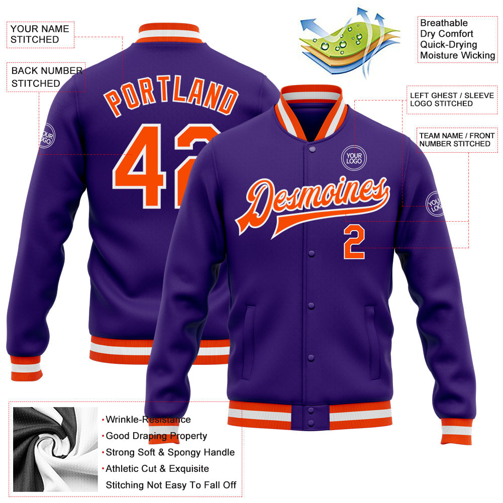 Custom Purple Orange-White Bomber Full-Snap Varsity Letterman Jacket view 5