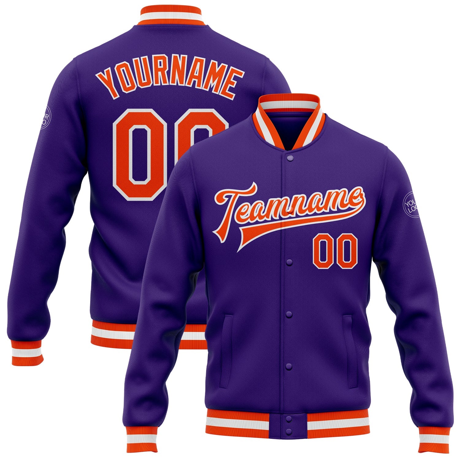 Custom Purple Orange-White Bomber Full-Snap Varsity Letterman Jacket - Main View
