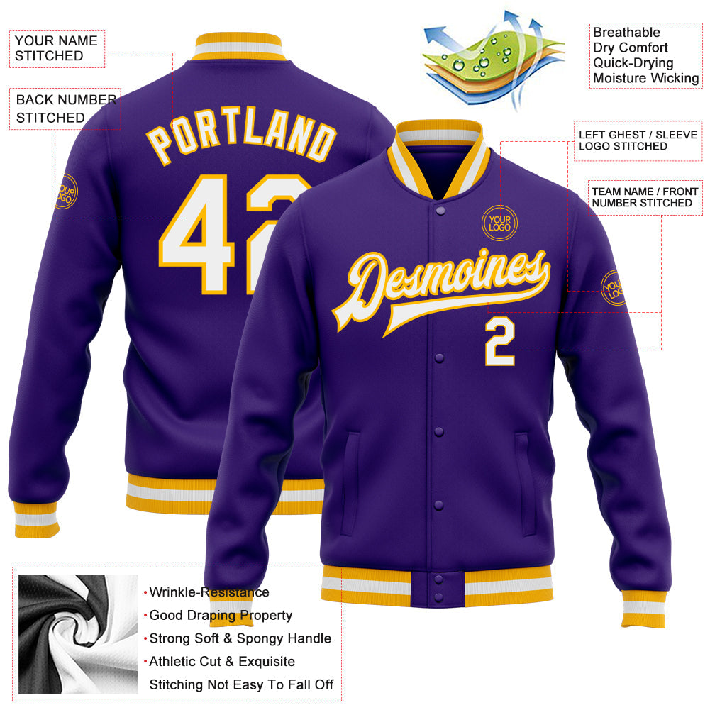 Custom Purple White-Gold Bomber Full-Snap Varsity Letterman Jacket view 5