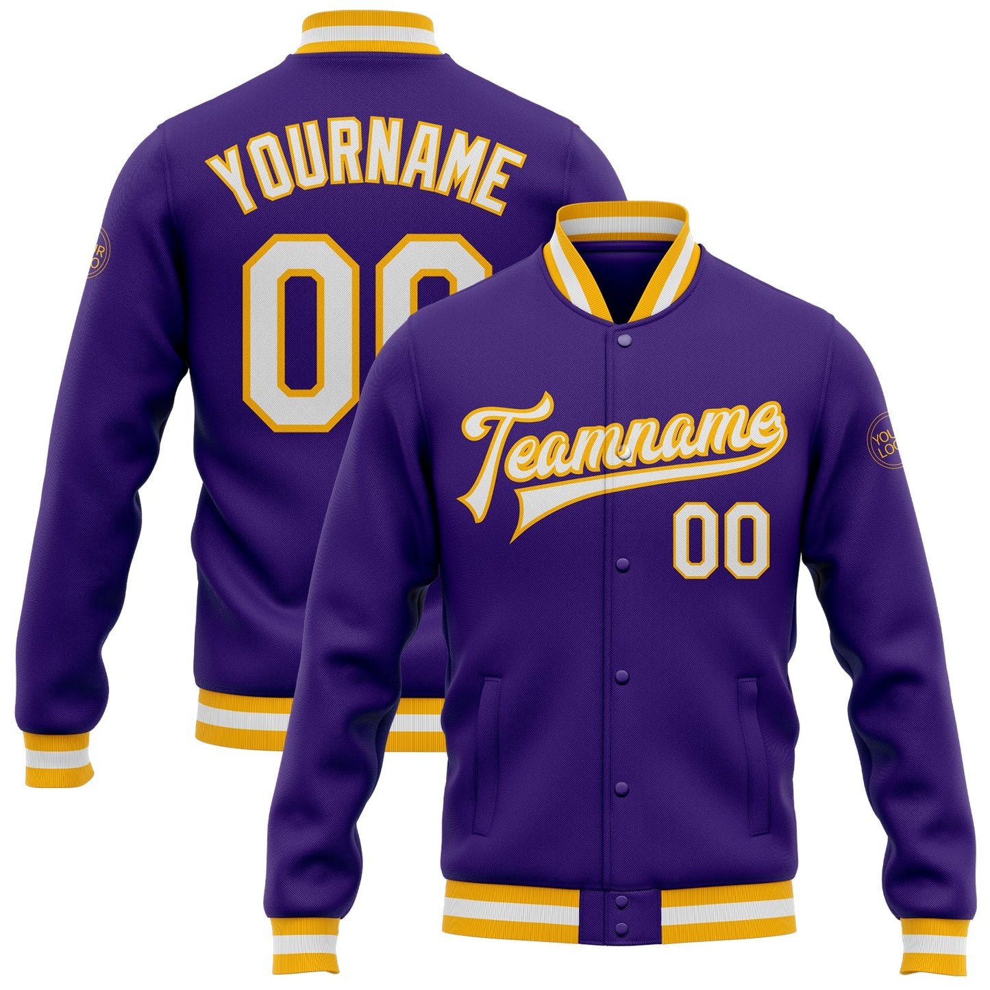Custom Purple White-Gold Bomber Full-Snap Varsity Letterman Jacket - Main View