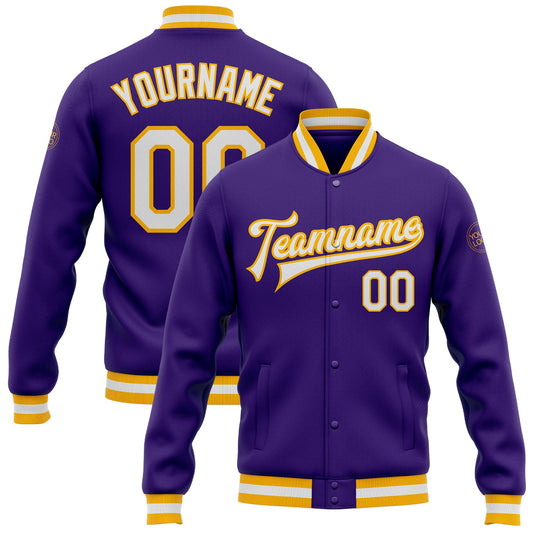 Custom Purple White-Gold Bomber Full-Snap Varsity Letterman Jacket - Main View
