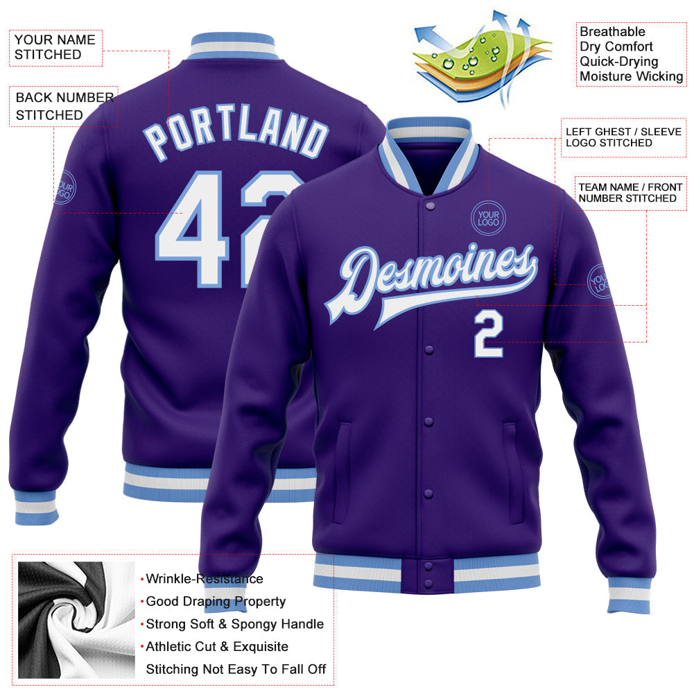 Custom Purple White-Light Blue Bomber Full-Snap Varsity Letterman Jacket view 5