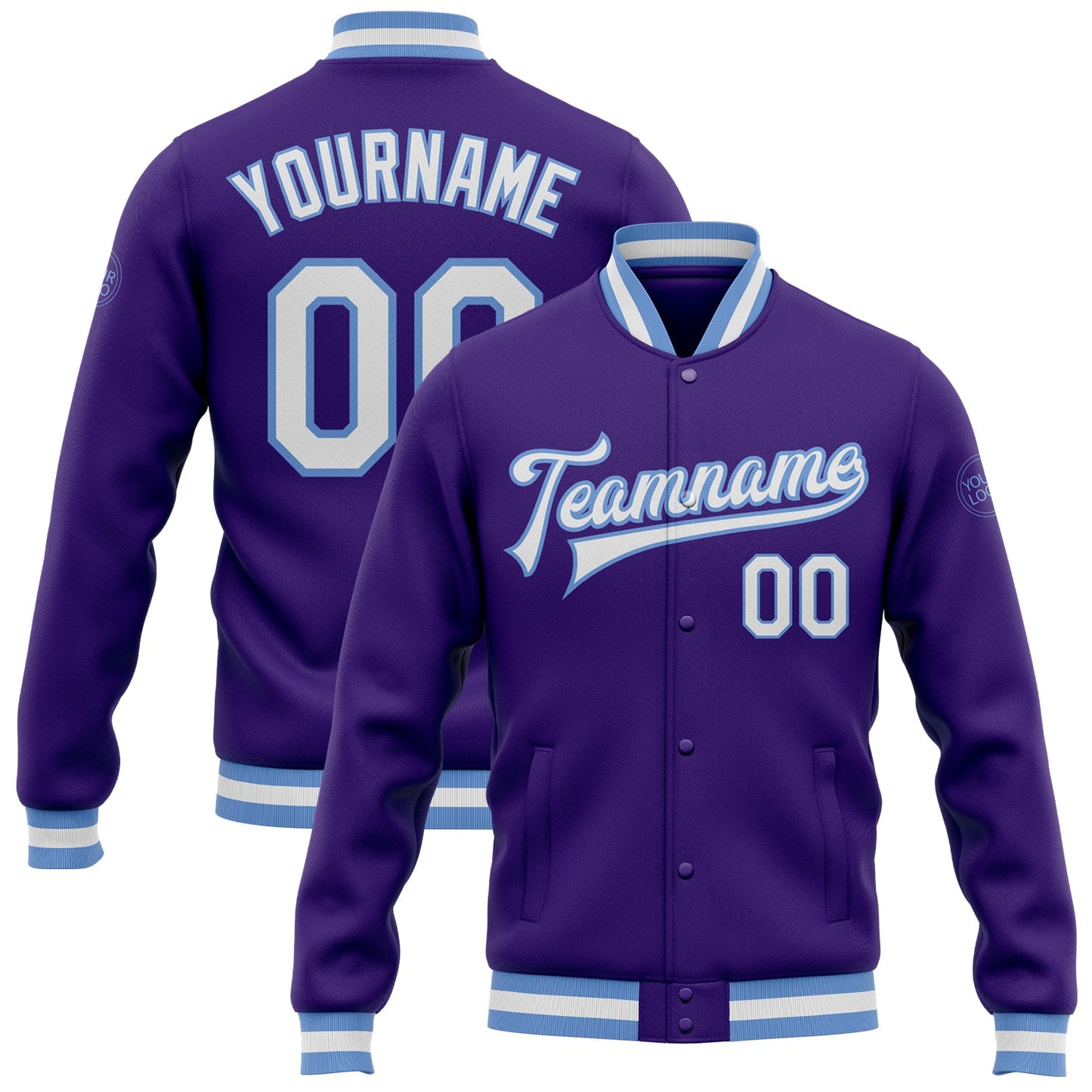 Custom Purple White-Light Blue Bomber Full-Snap Varsity Letterman Jacket - Main View