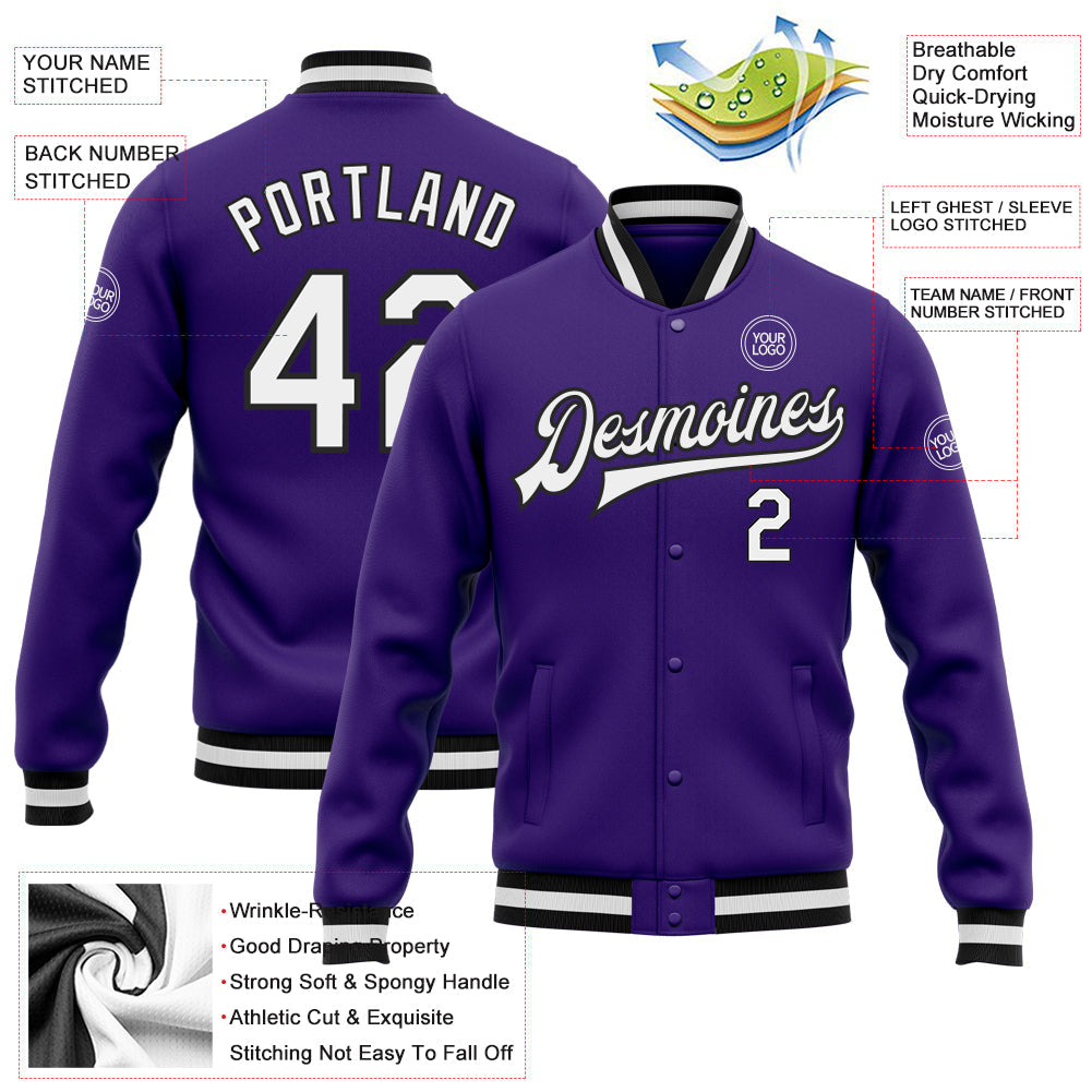 Custom Purple White-Black Bomber Full-Snap Varsity Letterman Jacket view 5