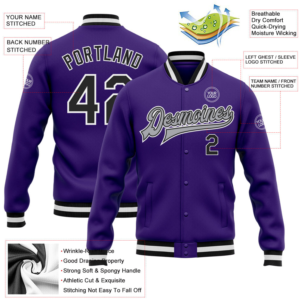 Custom Purple Black-Gray Bomber Full-Snap Varsity Letterman Jacket view 5