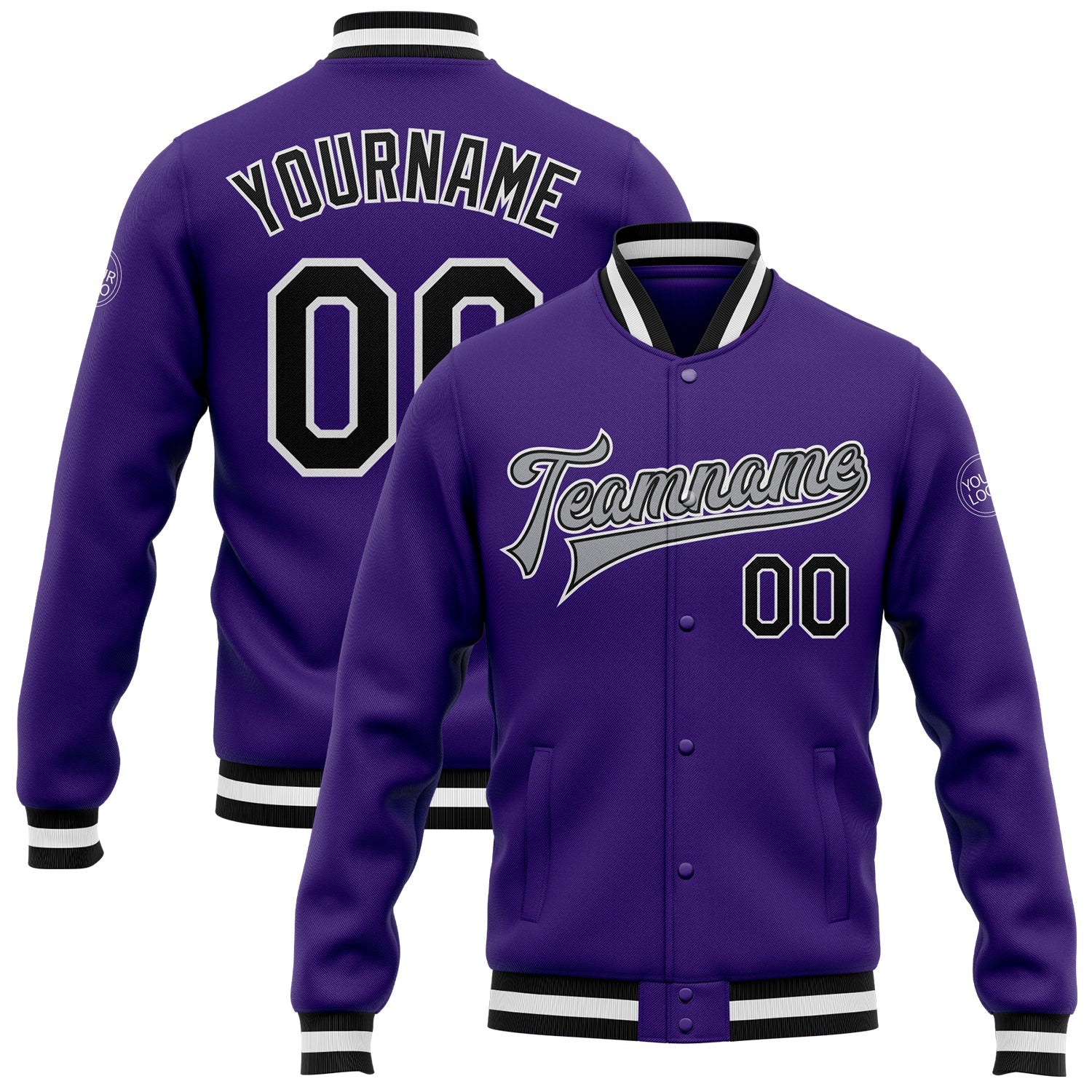 Custom Purple Black-Gray Bomber Full-Snap Varsity Letterman Jacket - Main View