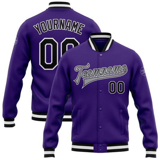 Custom Purple Black-Gray Bomber Full-Snap Varsity Letterman Jacket - Main View