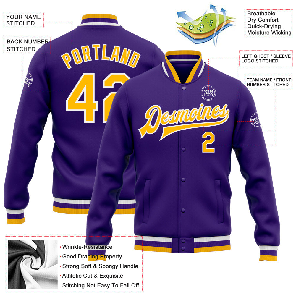 Custom Purple Gold-White Bomber Full-Snap Varsity Letterman Jacket view 5
