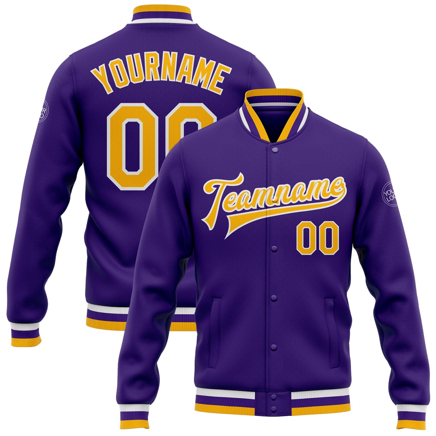 Custom Purple Gold-White Bomber Full-Snap Varsity Letterman Jacket - Main View