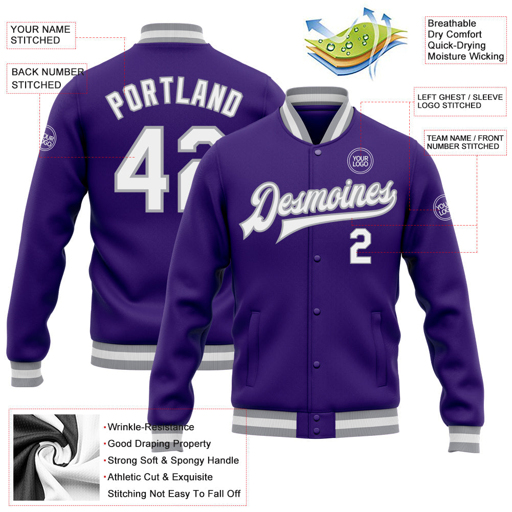 Custom Purple White-Gray Bomber Full-Snap Varsity Letterman Jacket view 5