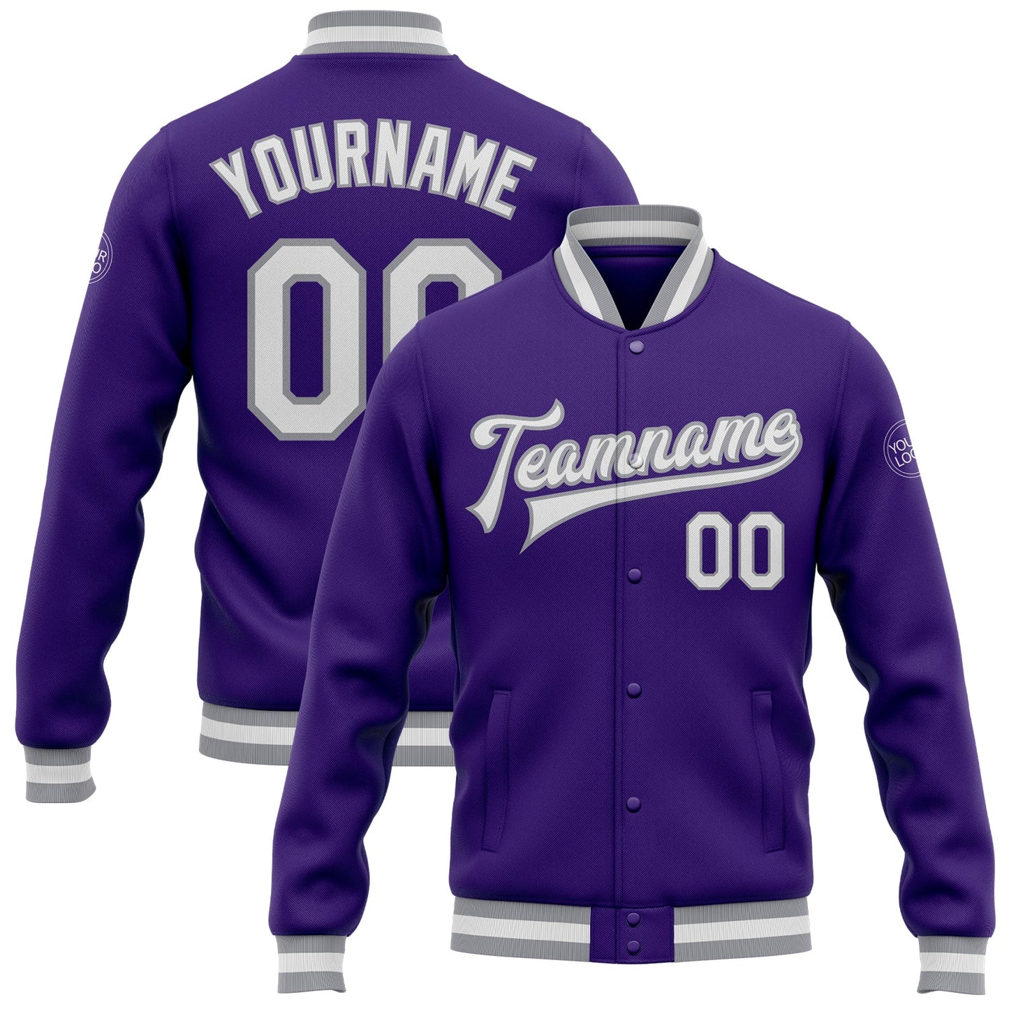 Custom Purple White-Gray Bomber Full-Snap Varsity Letterman Jacket - Main View