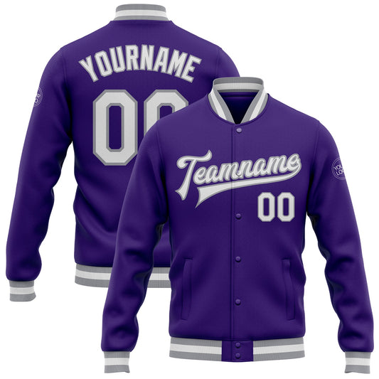 Custom Purple White-Gray Bomber Full-Snap Varsity Letterman Jacket - Main View