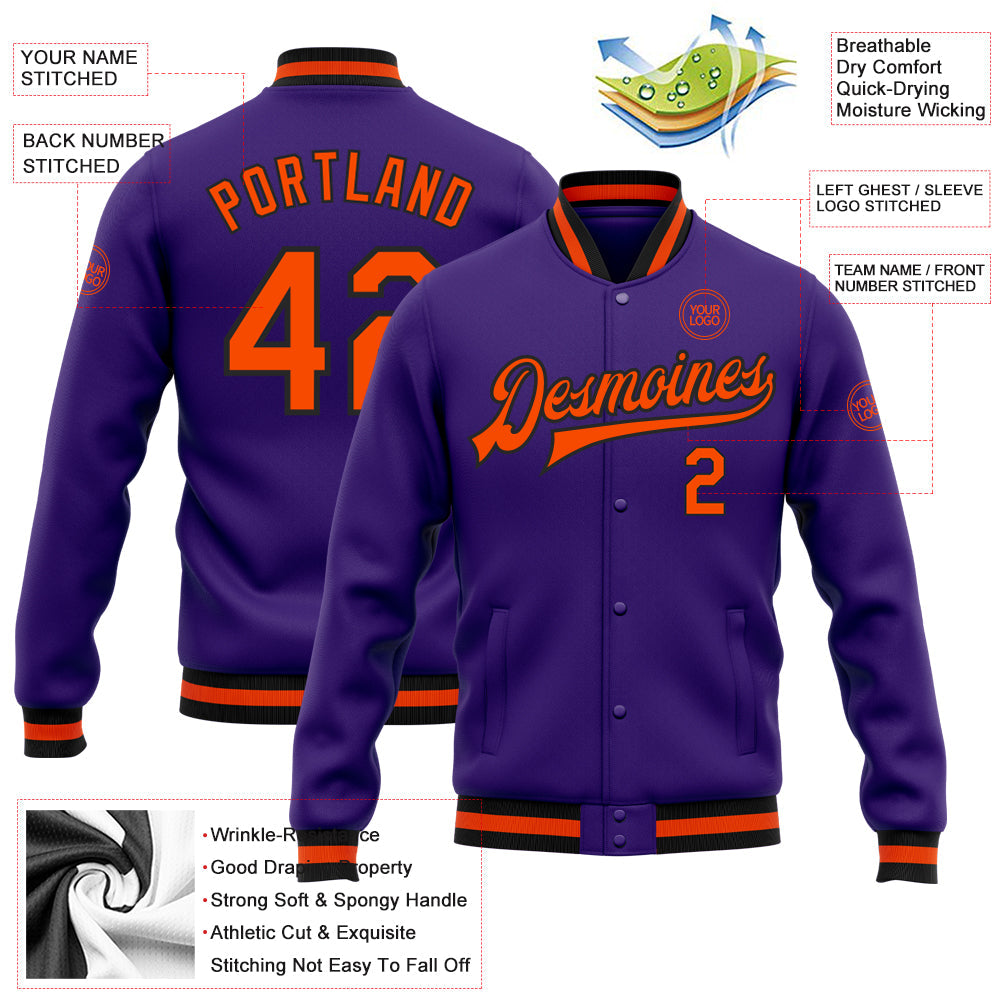 Custom Purple Orange-Black Bomber Full-Snap Varsity Letterman Jacket view 5