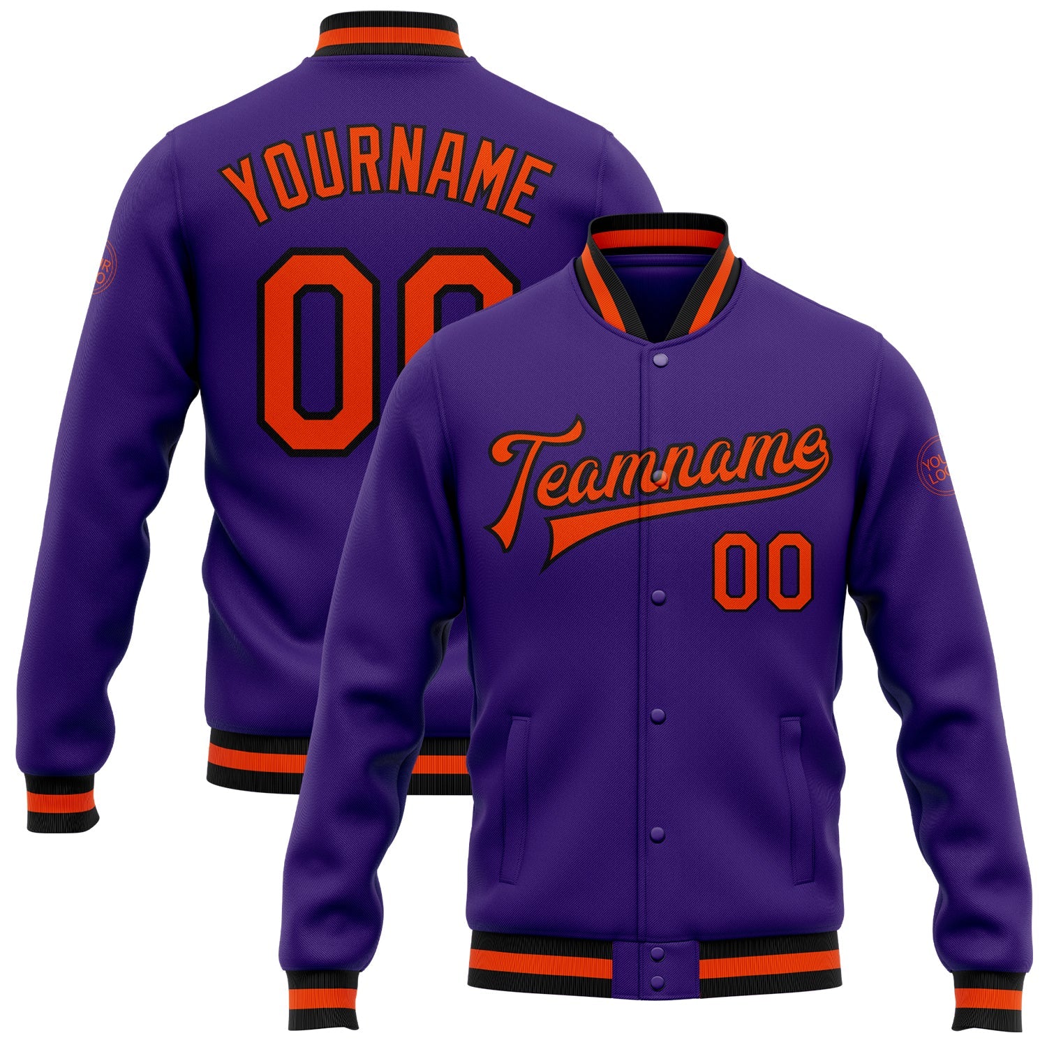 Custom Purple Orange-Black Bomber Full-Snap Varsity Letterman Jacket - Main View