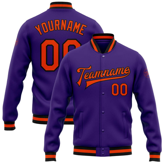 Custom Purple Orange-Black Bomber Full-Snap Varsity Letterman Jacket - Main View
