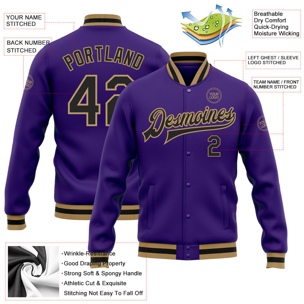 Custom Purple Black-Old Gold Bomber Full-Snap Varsity Letterman Jacket view 5