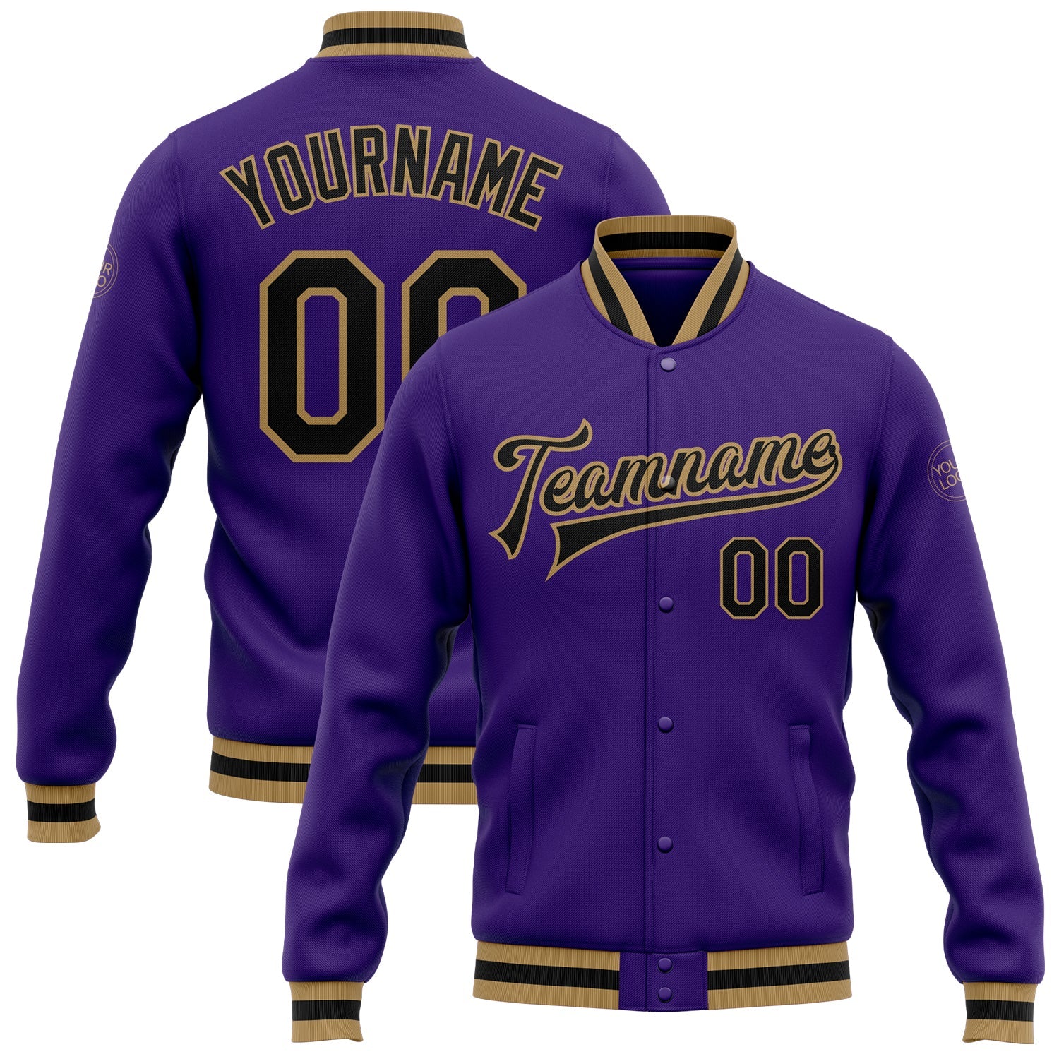 Custom Purple Black-Old Gold Bomber Full-Snap Varsity Letterman Jacket - Main View