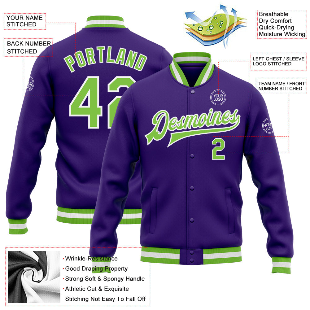 Custom Purple Neon Green-White Bomber Full-Snap Varsity Letterman Jacket view 5