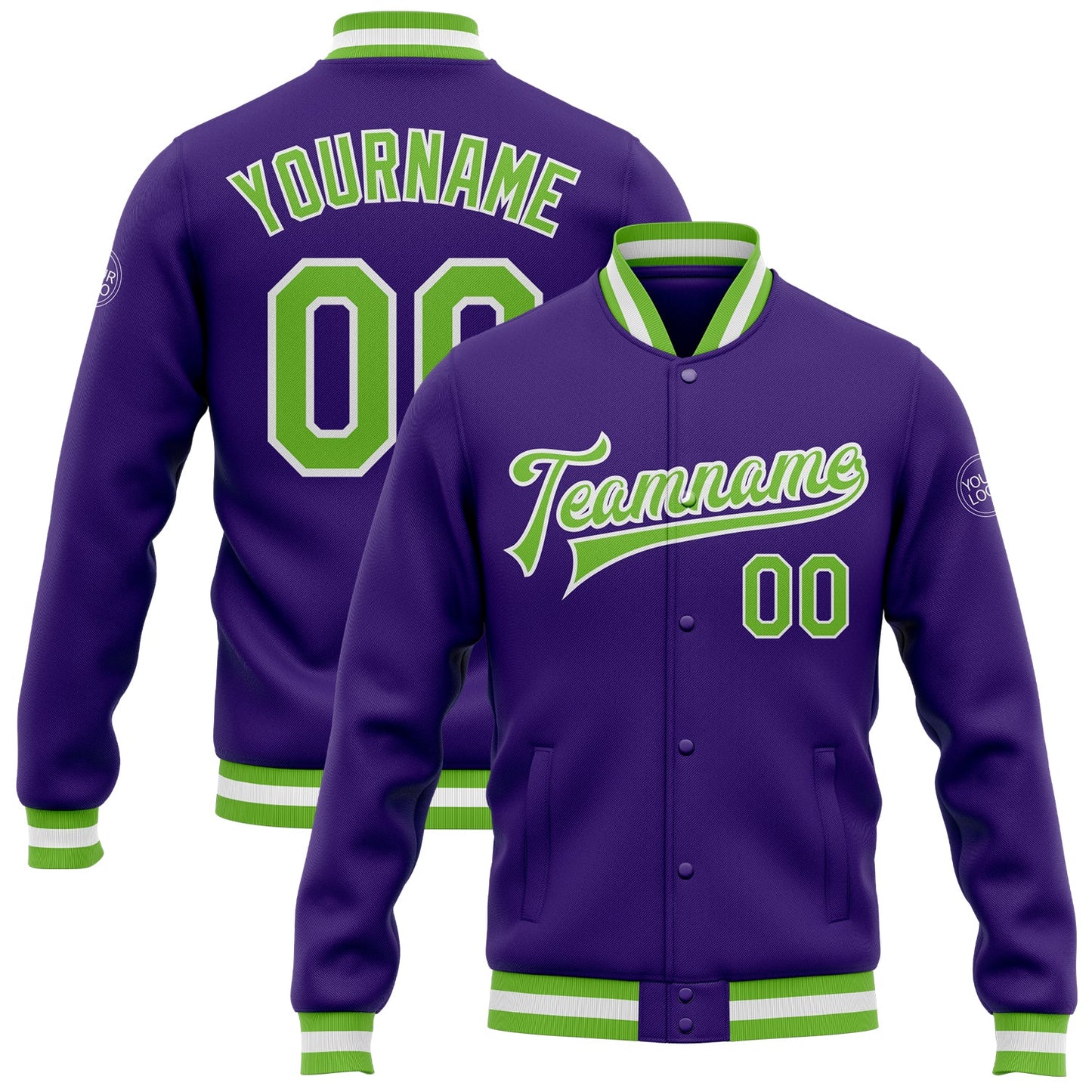 Custom Purple Neon Green-White Bomber Full-Snap Varsity Letterman Jacket - Main View