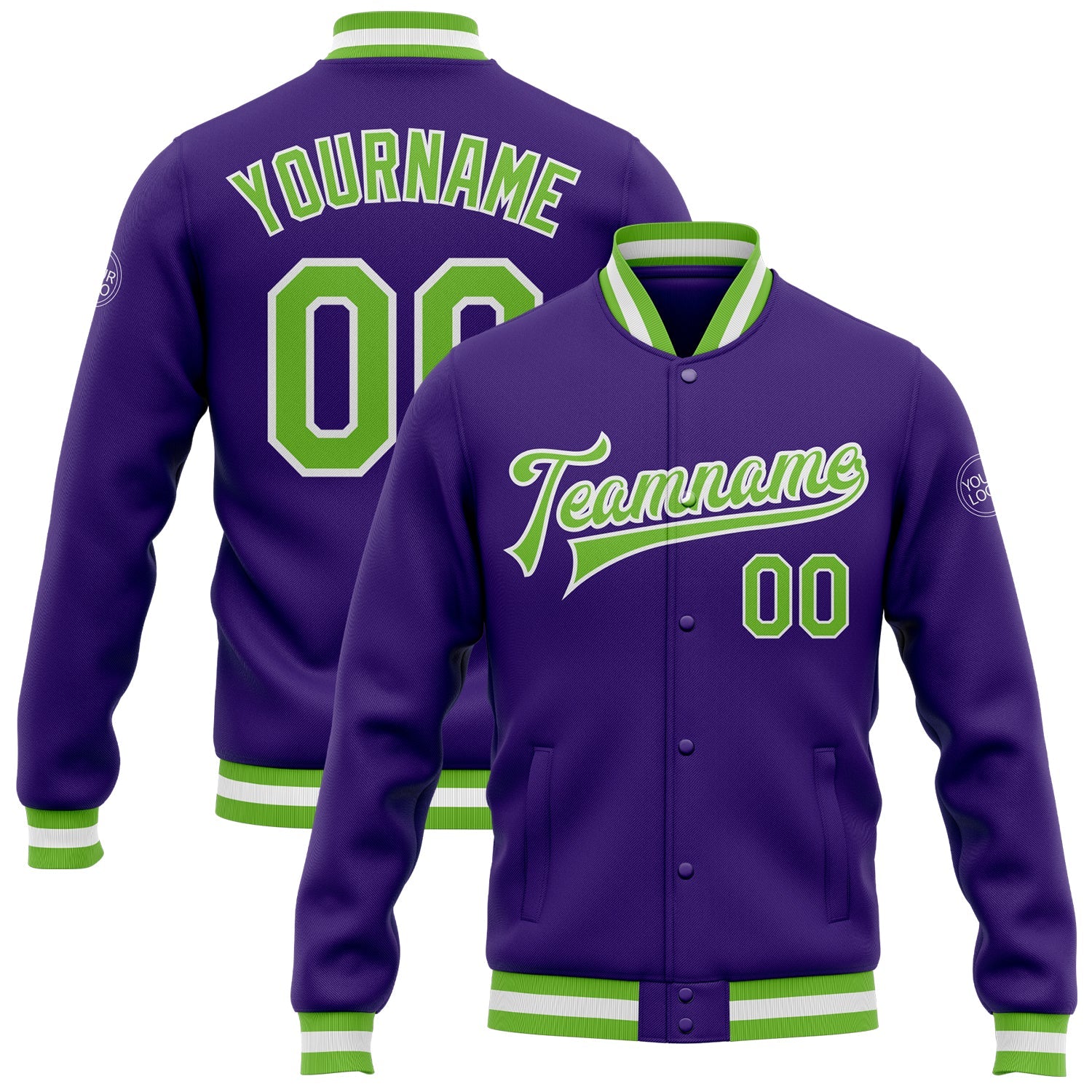 Custom Purple Neon Green-White Bomber Full-Snap Varsity Letterman Jacket - Main View
