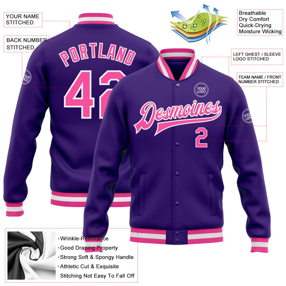 Custom Purple Pink-White Bomber Full-Snap Varsity Letterman Jacket view 5