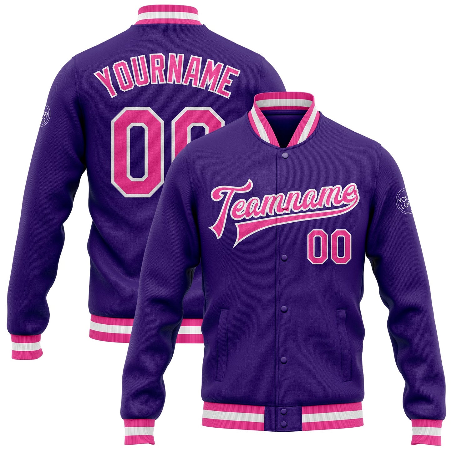 Custom Purple Pink-White Bomber Full-Snap Varsity Letterman Jacket - Main View