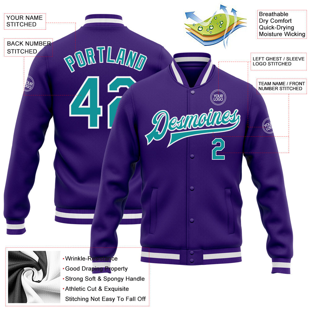 Custom Purple Teal-White Bomber Full-Snap Varsity Letterman Jacket view 5
