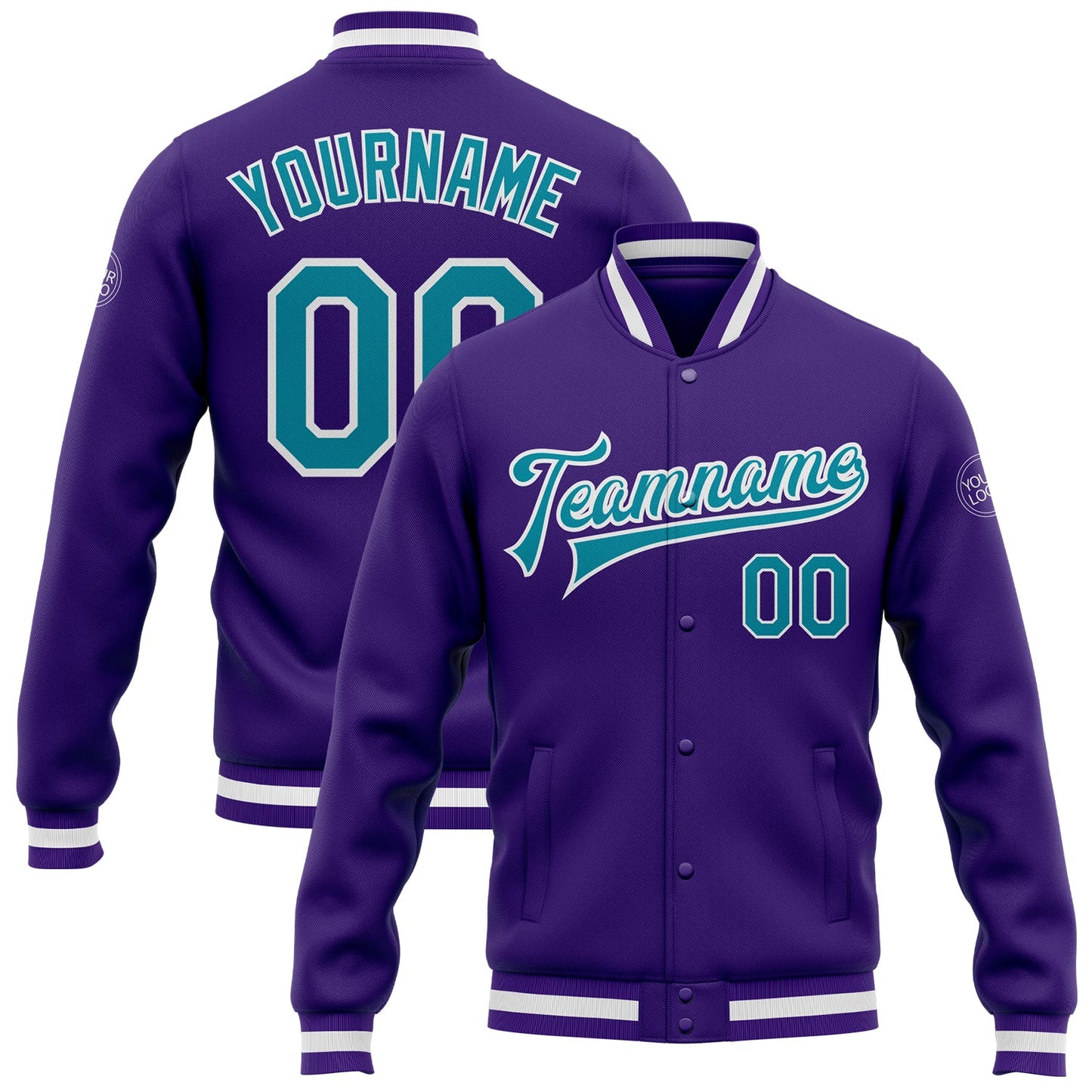 Custom Purple Teal-White Bomber Full-Snap Varsity Letterman Jacket - Main View
