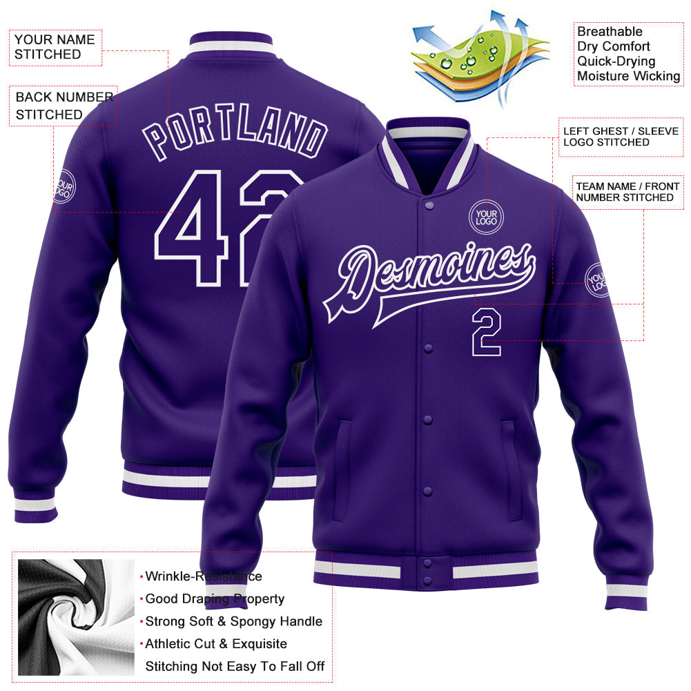 Custom Purple Purple-White Bomber Full-Snap Varsity Letterman Jacket view 5