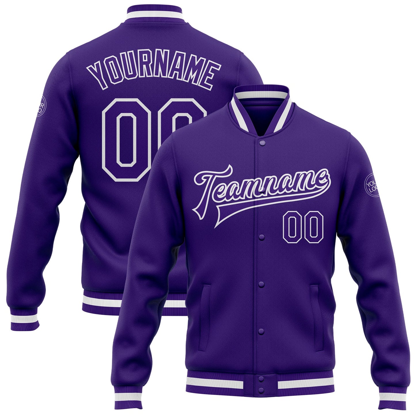 Custom Purple Purple-White Bomber Full-Snap Varsity Letterman Jacket - Main View