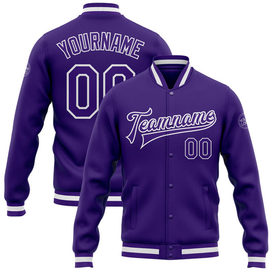 Custom Purple Purple-White Bomber Full-Snap Varsity Letterman Jacket - Main View