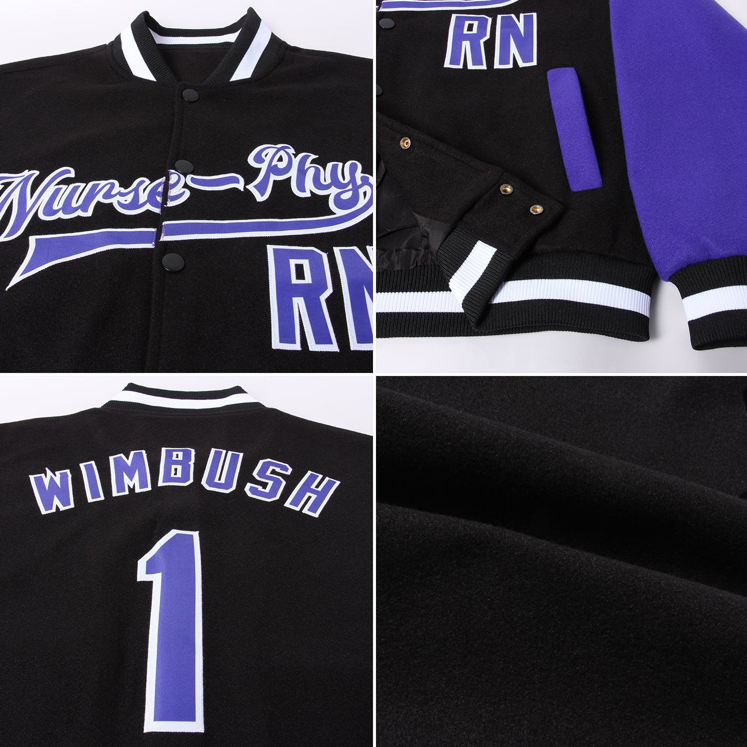 Custom Black Purple-White Bomber Full-Snap Varsity Letterman Two Tone Jacket view 4