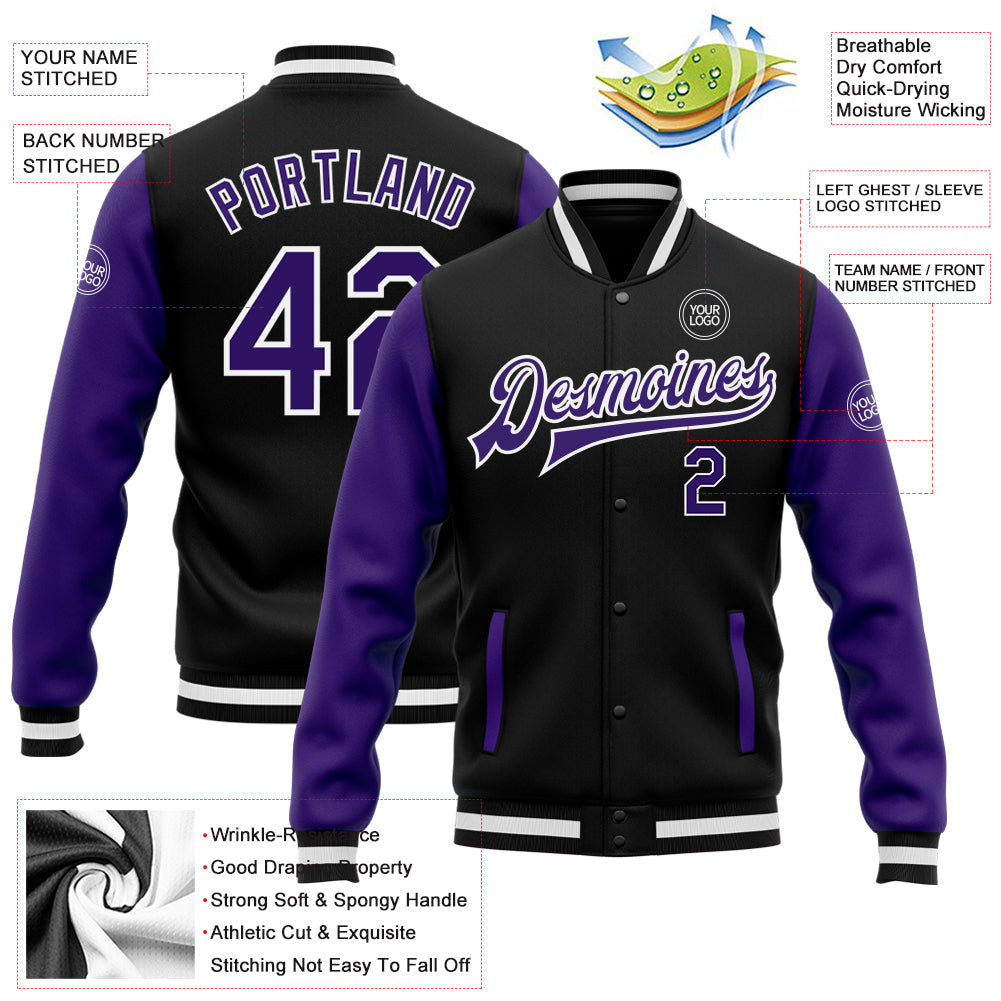 Custom Black Purple-White Bomber Full-Snap Varsity Letterman Two Tone Jacket view 5