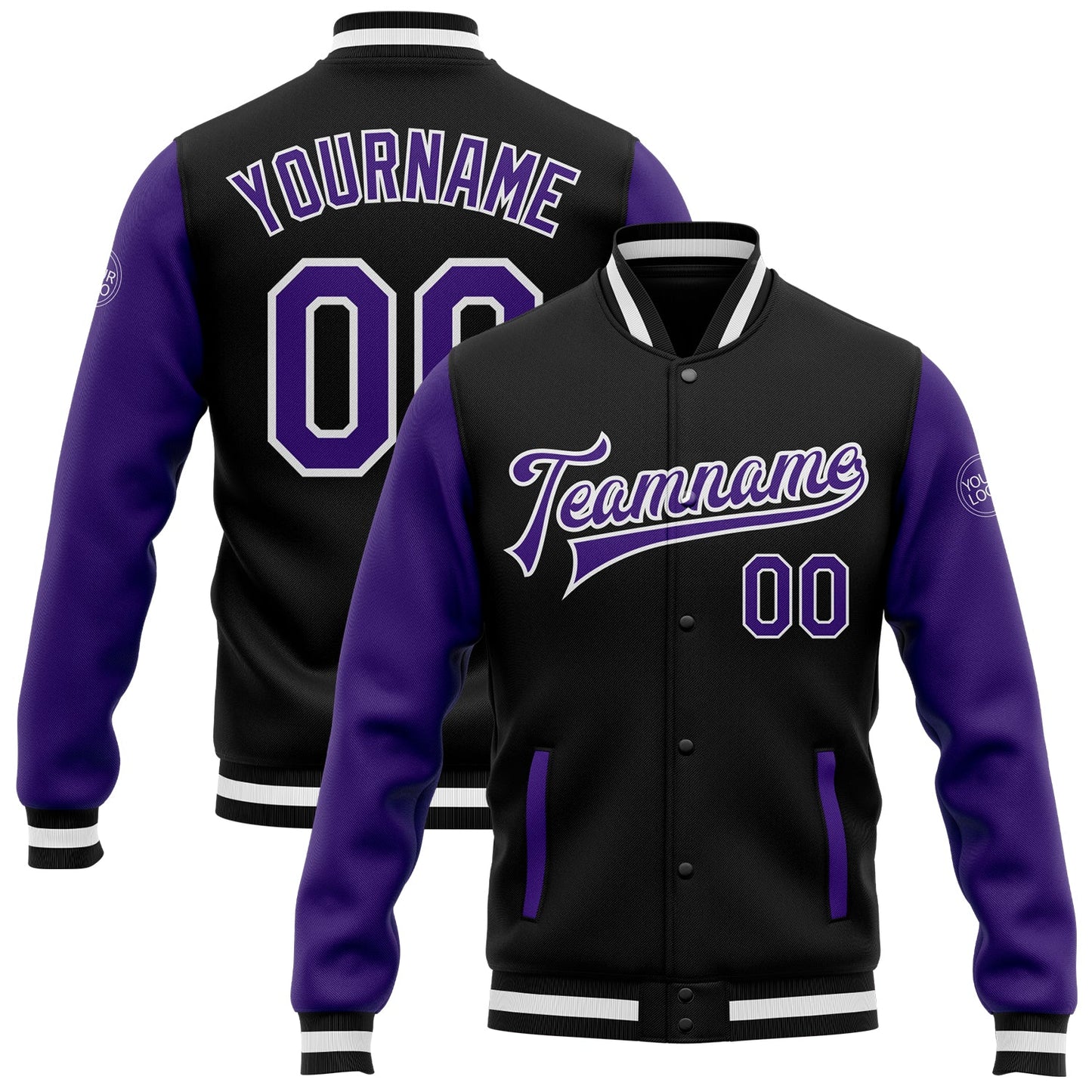 Custom Black Purple-White Bomber Full-Snap Varsity Letterman Two Tone Jacket - Main View