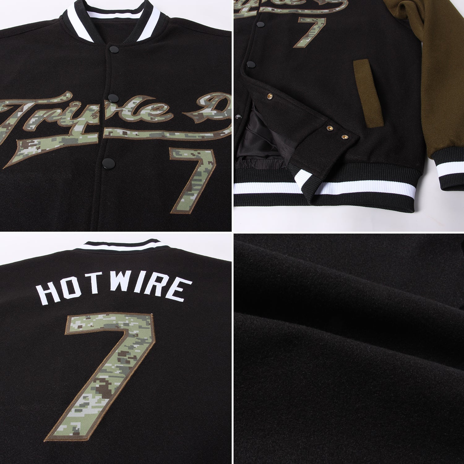Custom Black Camo-Olive Bomber Full-Snap Varsity Letterman Two Tone Jacket view 4