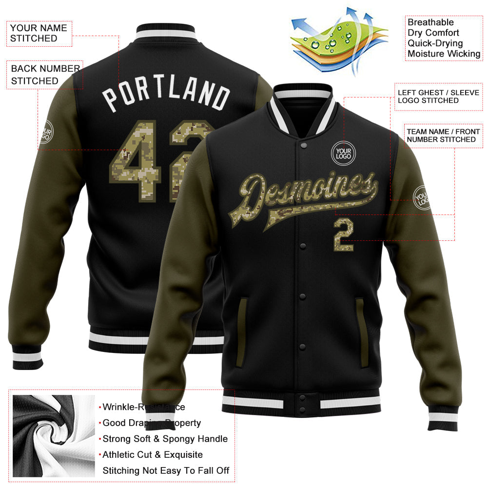 Custom Black Camo-Olive Bomber Full-Snap Varsity Letterman Two Tone Jacket view 5