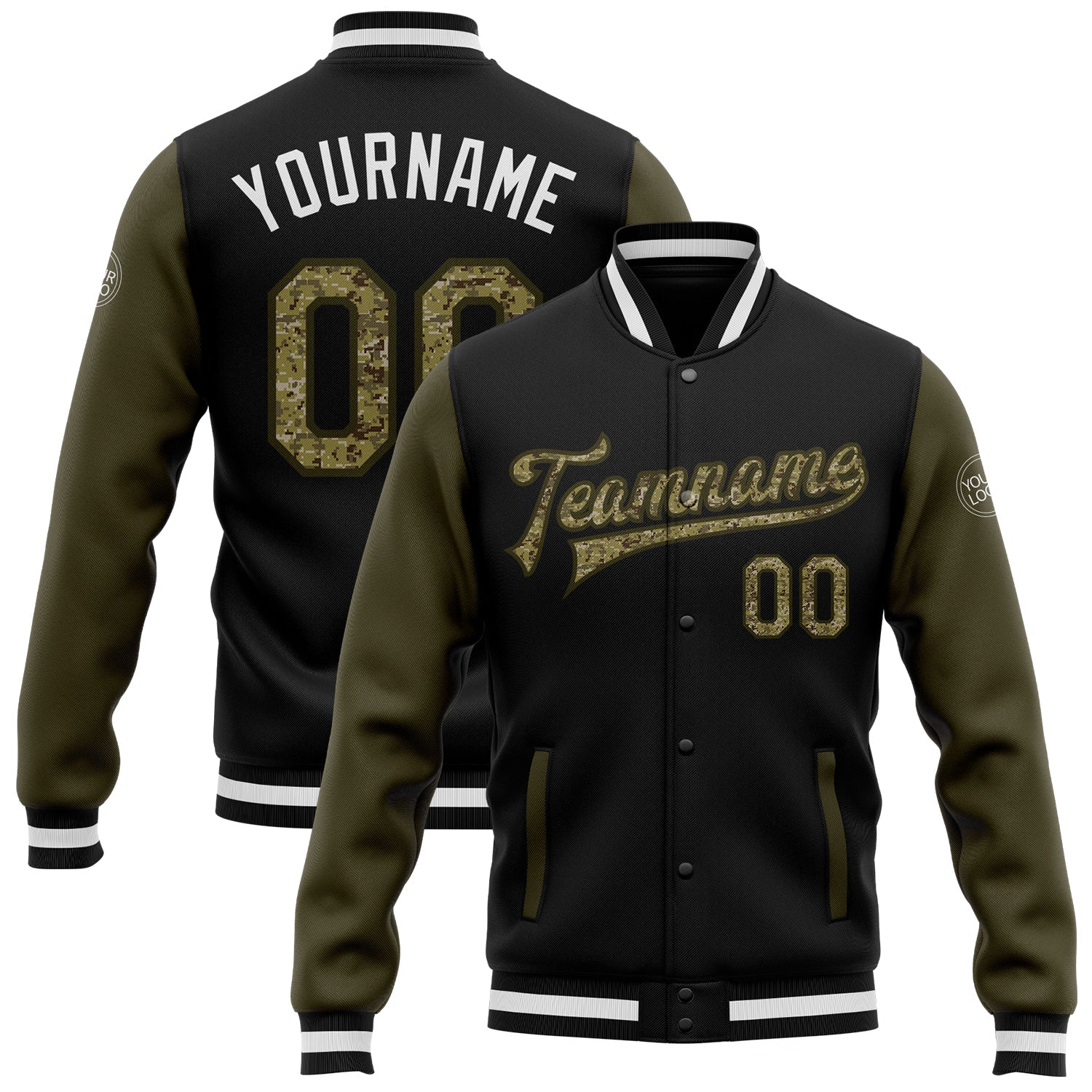 Custom Black Camo-Olive Bomber Full-Snap Varsity Letterman Two Tone Jacket - Main View
