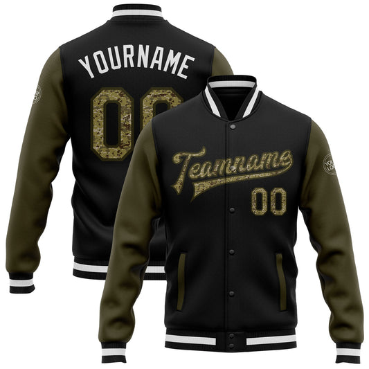 Custom Black Camo-Olive Bomber Full-Snap Varsity Letterman Two Tone Jacket - Main View