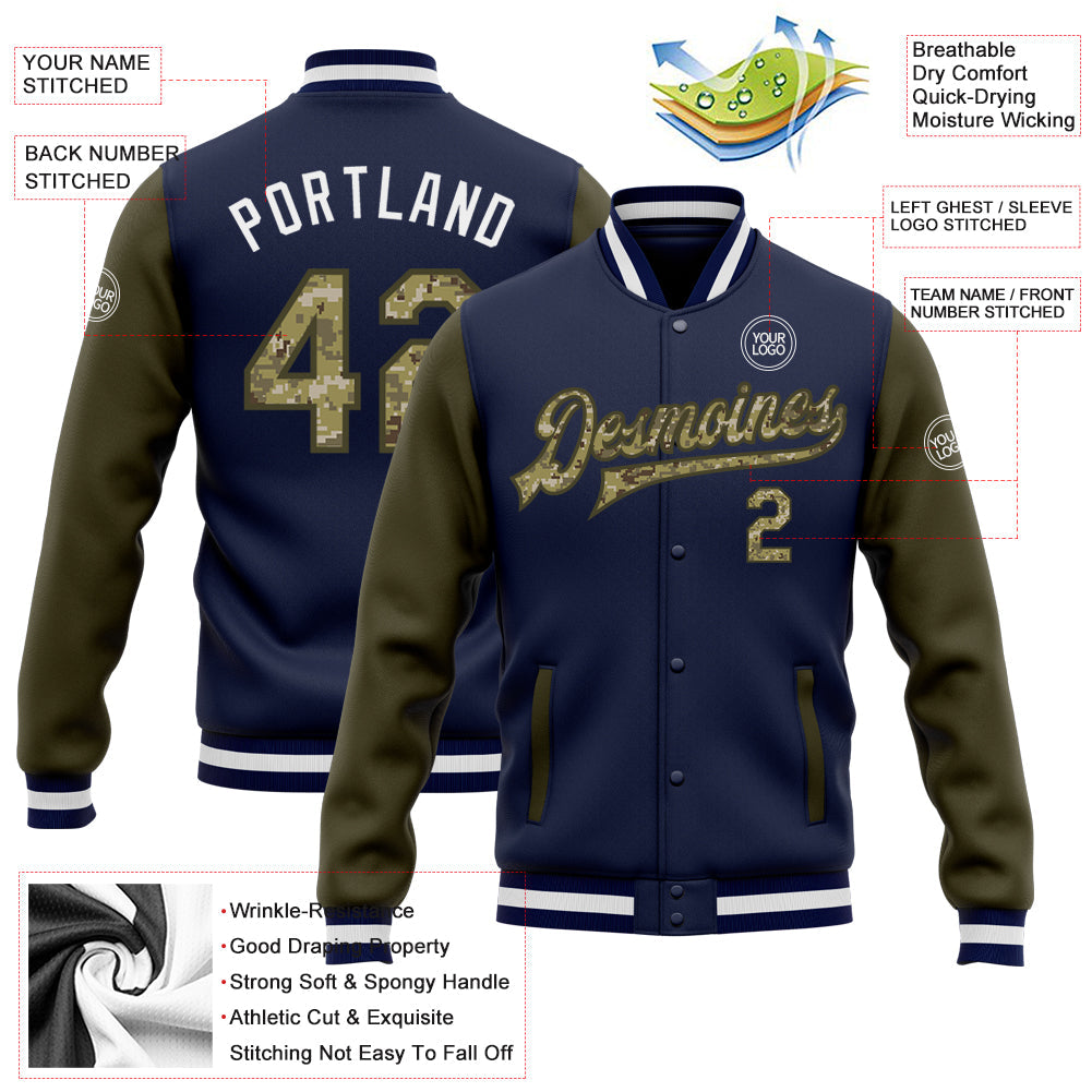 Custom Navy Camo-Olive Bomber Full-Snap Varsity Letterman Two Tone Jacket view 5