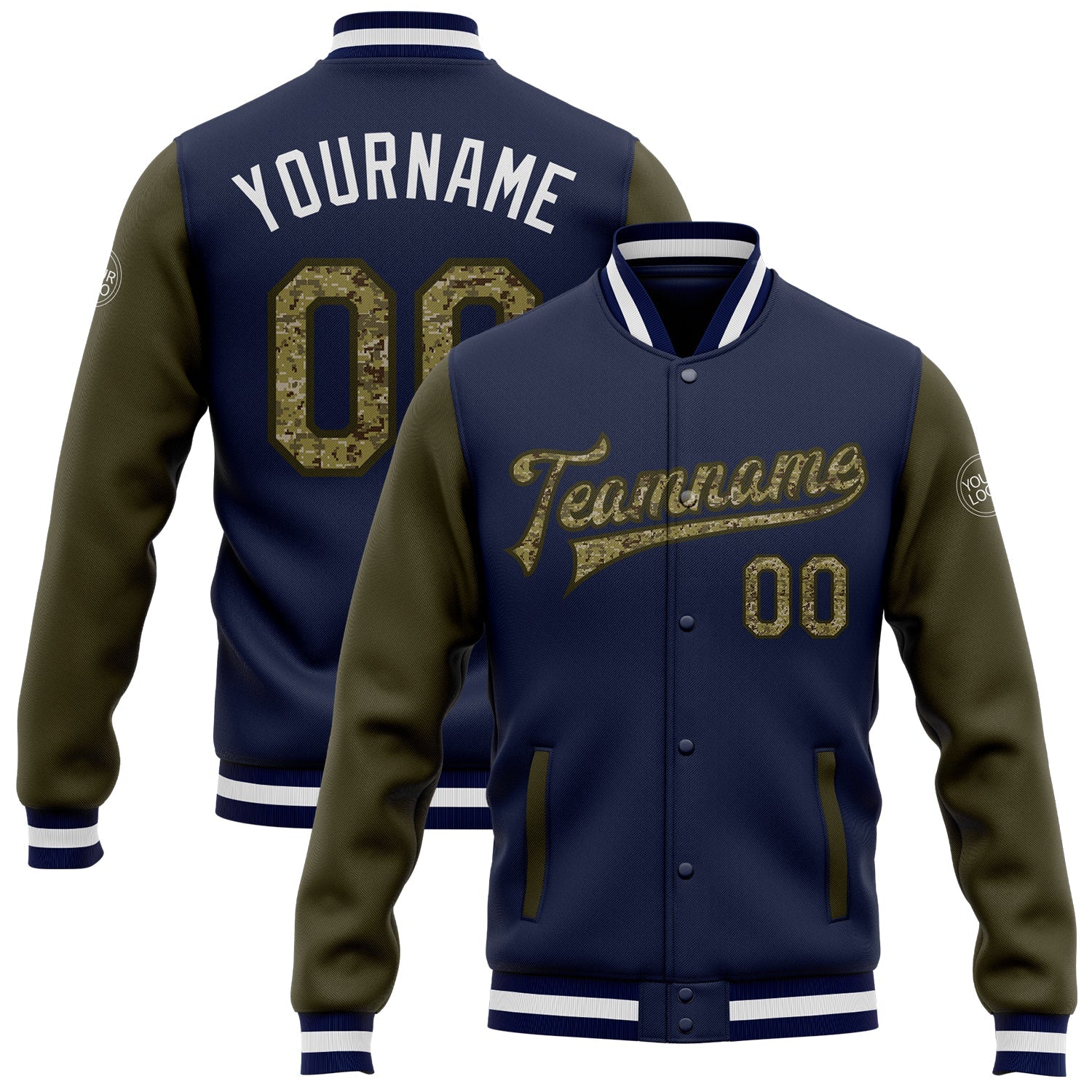 Custom Navy Camo-Olive Bomber Full-Snap Varsity Letterman Two Tone Jacket - Main View
