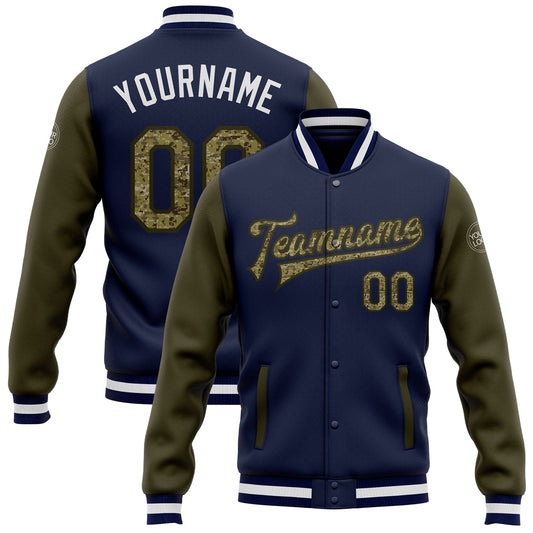 Custom Navy Camo-Olive Bomber Full-Snap Varsity Letterman Two Tone Jacket - Main View
