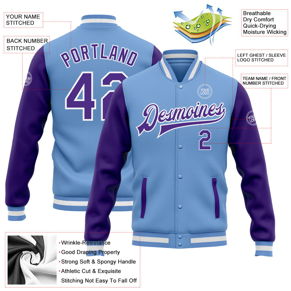 Custom Light Blue Purple-White Bomber Full-Snap Varsity Letterman Two Tone Jacket view 5