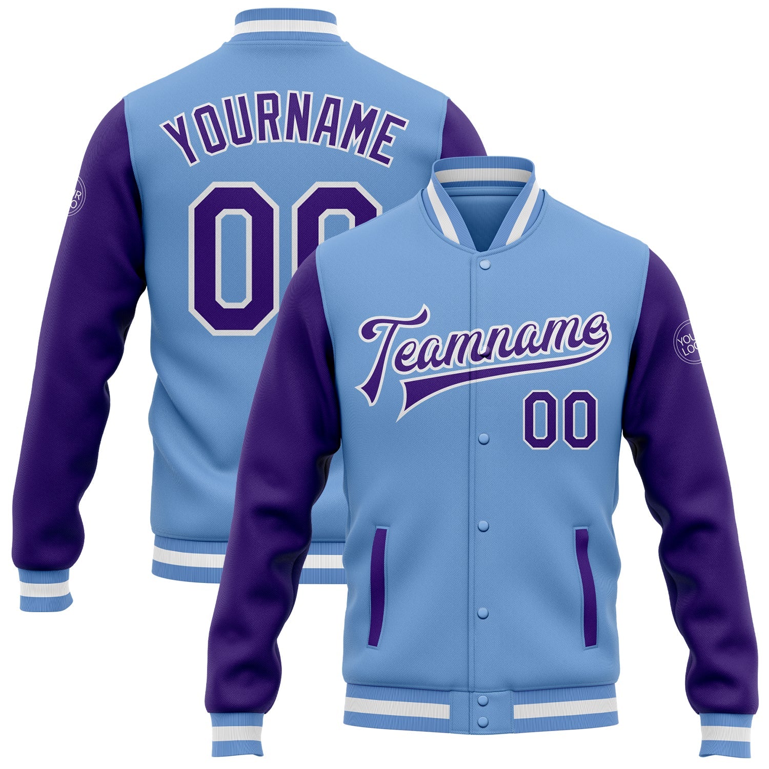 Custom Light Blue Purple-White Bomber Full-Snap Varsity Letterman Two Tone Jacket - Main View