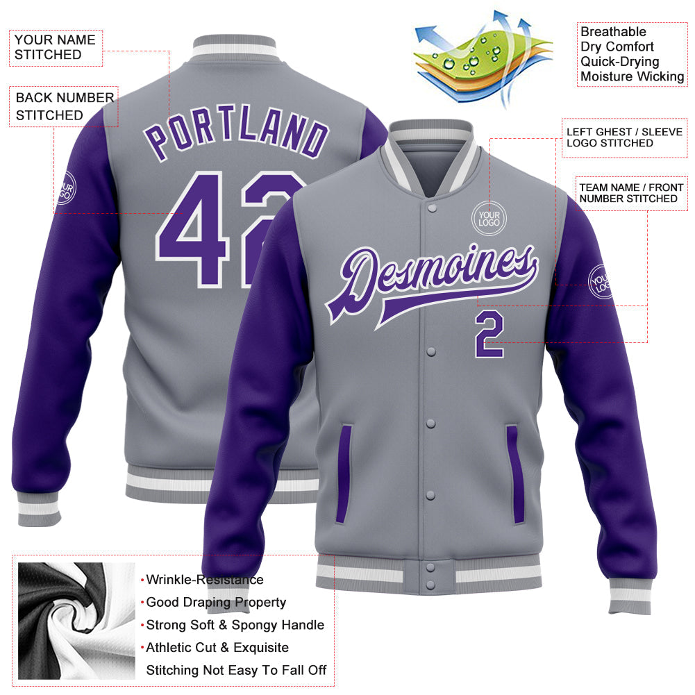 Custom Gray Purple-White Bomber Full-Snap Varsity Letterman Two Tone Jacket view 5