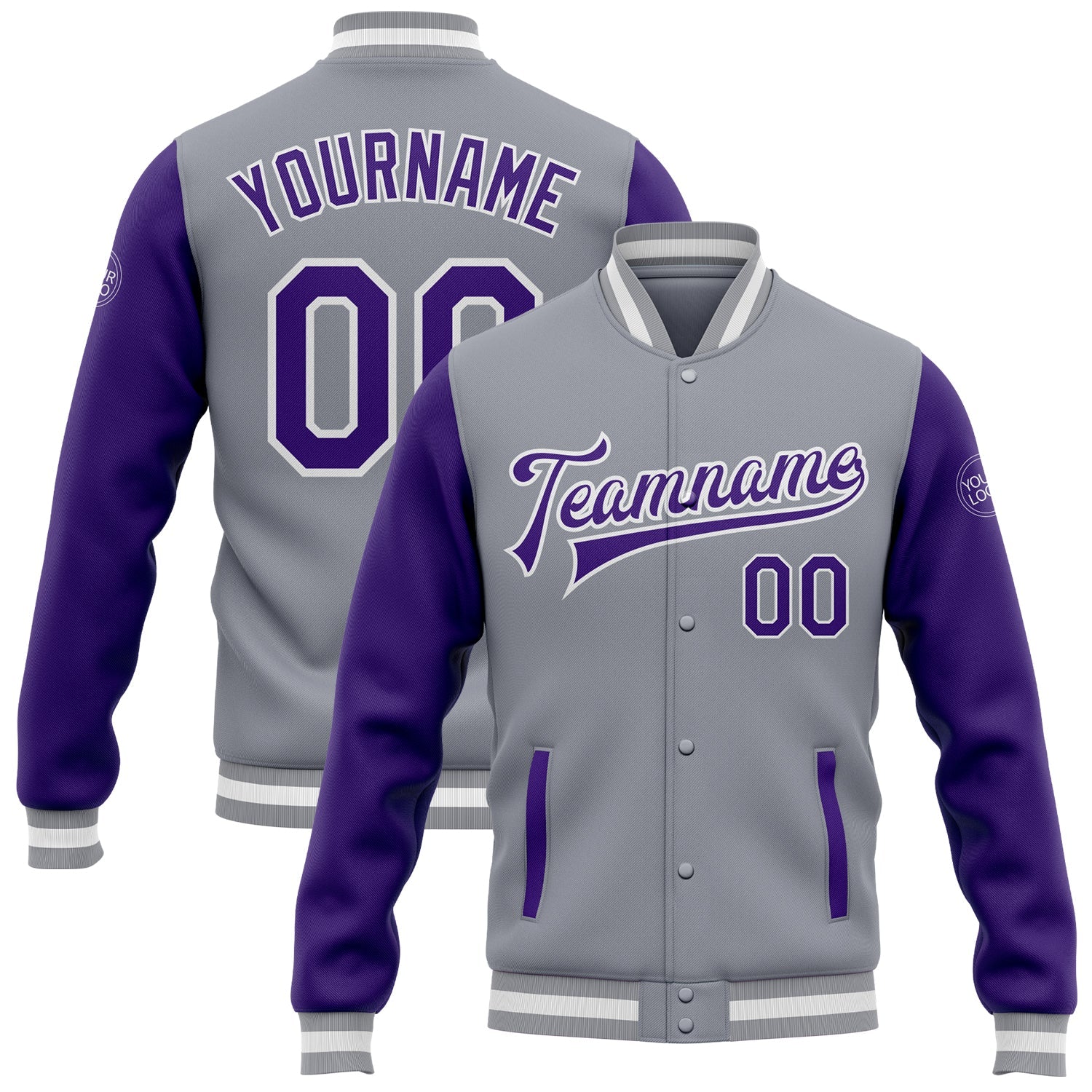 Custom Gray Purple-White Bomber Full-Snap Varsity Letterman Two Tone Jacket - Main View