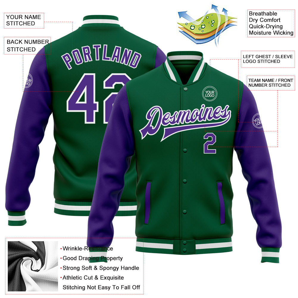 Custom Kelly Green Purple-White Bomber Full-Snap Varsity Letterman Two Tone Jacket view 5