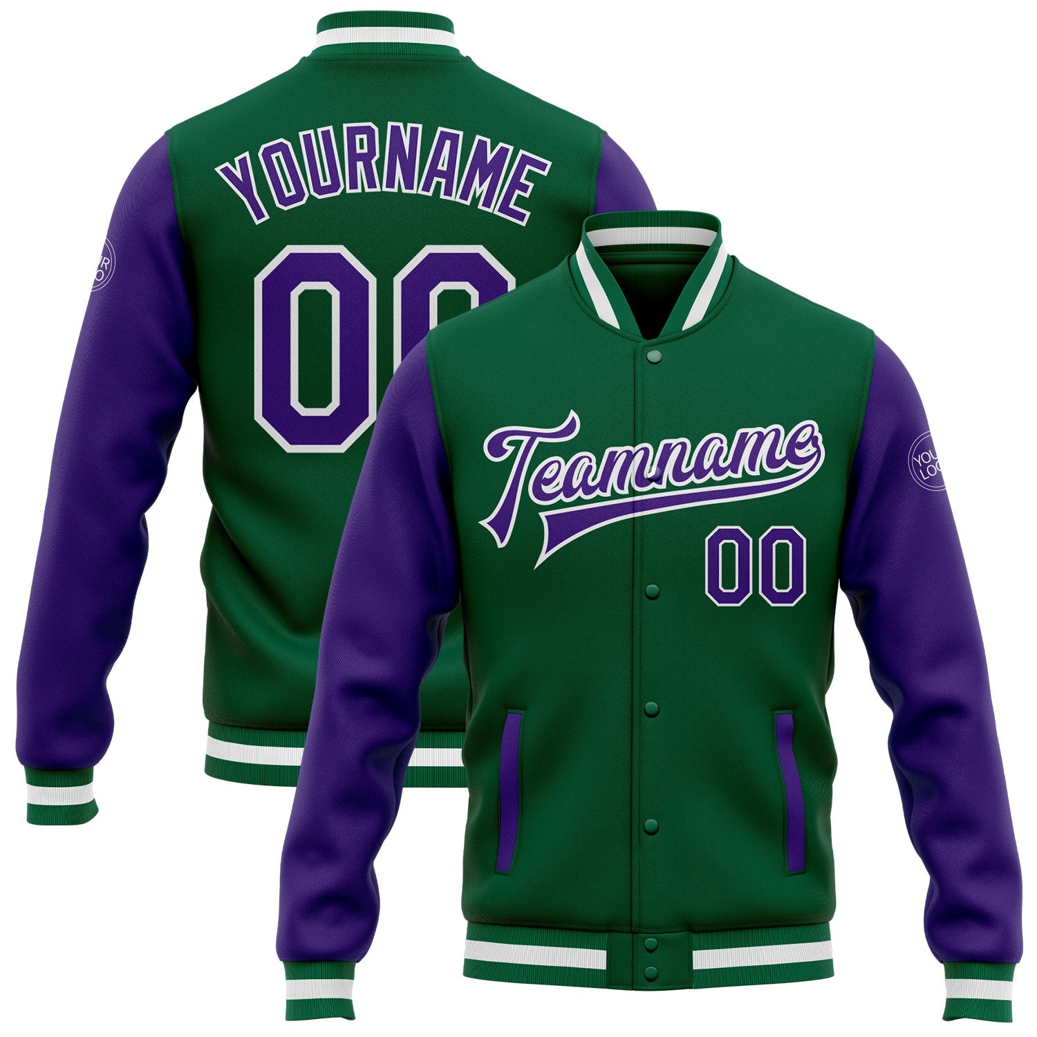 Custom Kelly Green Purple-White Bomber Full-Snap Varsity Letterman Two Tone Jacket - Main View